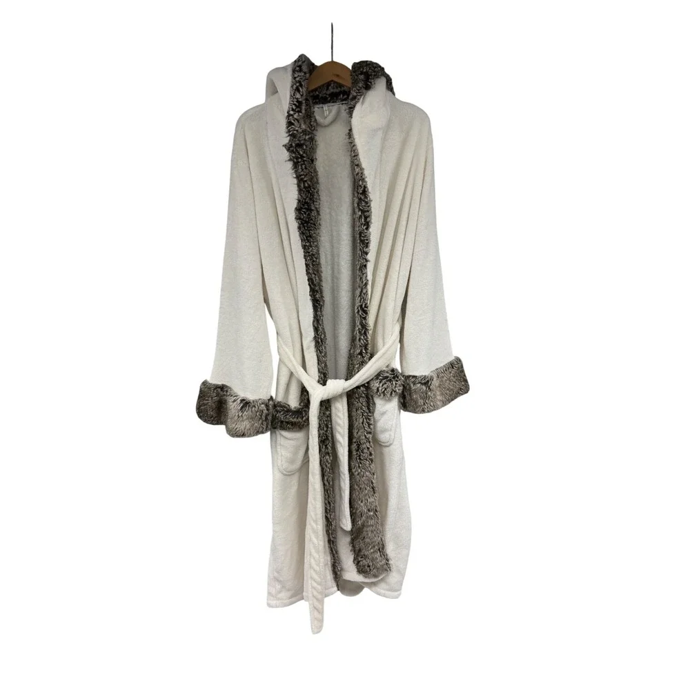 Pottery Barn Ivory Faux Fur Trim Hooded Plush Robe Extra Large XL Bathrobe - Picture 1 of 7